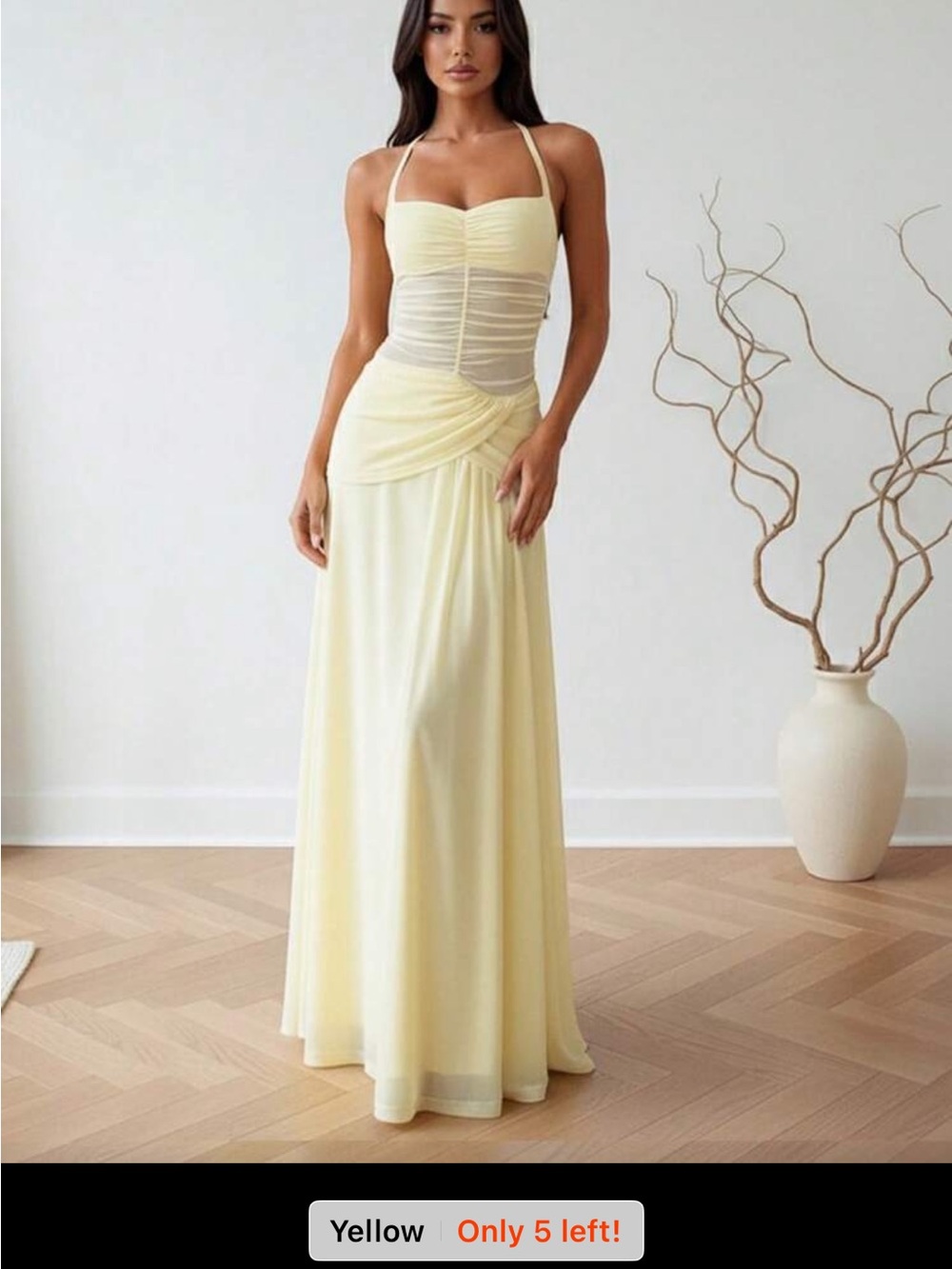 SHEIN Pale Yellow Ruched Bodice Maxi Dress